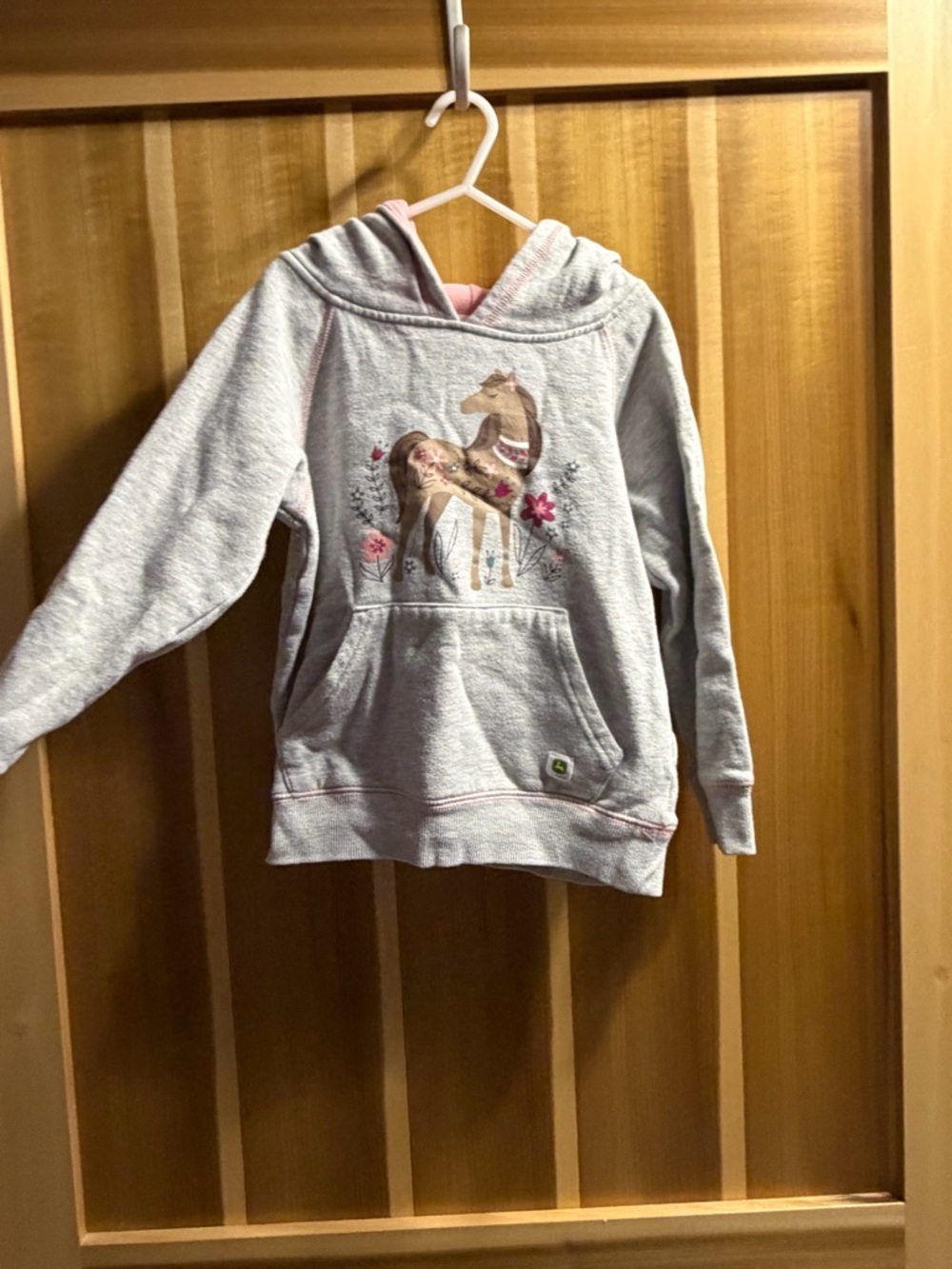 John Deere Gray Hooded Sweatshirt with Horse and Pink Accents